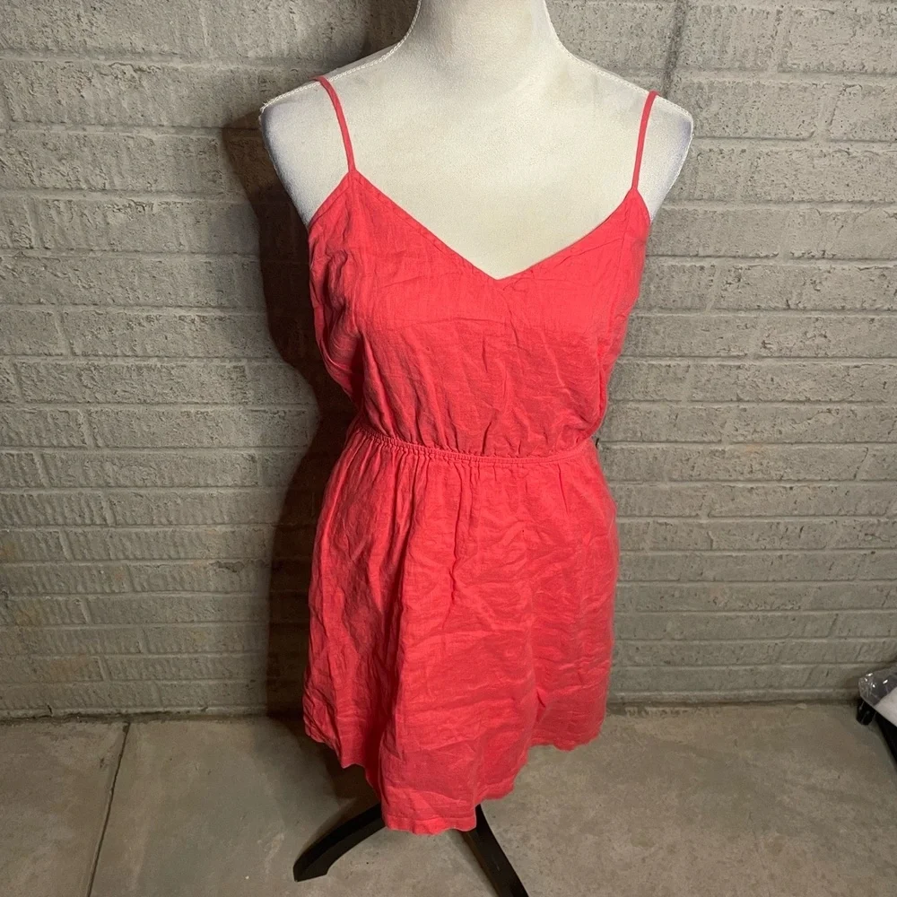 J.CREW Linen Pink Spaghetti Strap V Neck Elastic Waist Tank Mini Dress Size S